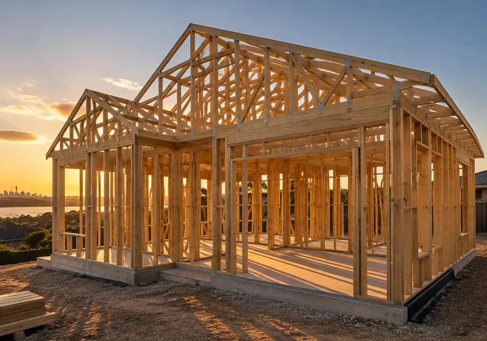 Timber wall frames and roof trusses on a new Sydney home